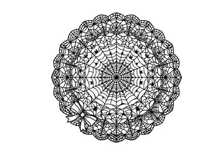 Intricate white lace mandala design on black background. Elegant circular floral pattern for crafting and digital art.