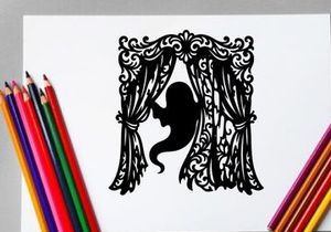 Silhouette of a seahorse behind ornate curtain with elegant design