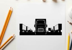 Silhouette of a semi truck with trailers on a white background