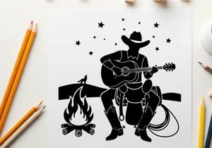Silhouette of cowboy playing guitar by campfire under starry night