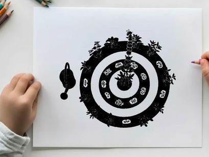 Silhouette of a dartboard with darts and floral pattern