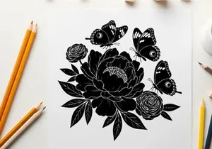 Silhouette of butterflies and flowers on white background