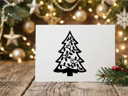 Black Christmas tree silhouette with string lights icon on white background