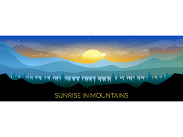 Sunrise in mountains flat color vector banner template preview picture