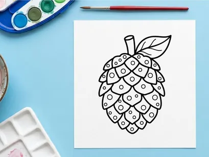Gambar seni garis pinus. Ilustrasi hitam putih sederhana dari biji konifer.