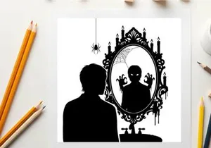 Silhouette of a man looking at a spooky mirror with silhouette reflection