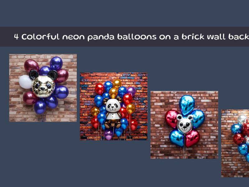 Colorful neon panda balloons on a brick wall background