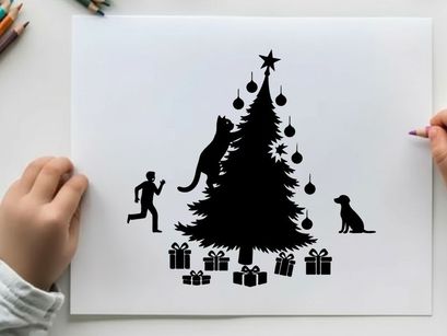 Christmas tree silhouette with cat dog and runner silhouette