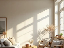 Modern cozy living room interior with sunlight, wooden furniture