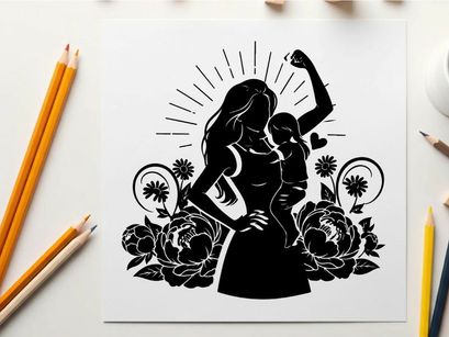 Empowered mother silhouette with child and floral elements