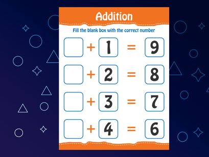 Basic math addition for kids. Fill the blank box with the correct number. Worksheet for kids