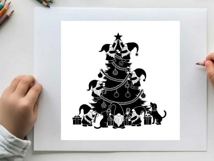 Christmas tree silhouette with cats and jester hats