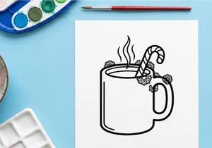 Steaming hot coffee mug with candy cane stirrer for festive Christmas morning celebration