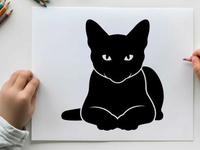 Black cat silhouette with white eyes and outline