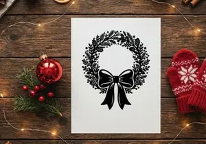 Black and white Christmas wreath illustration with pine cones and a decorative bow