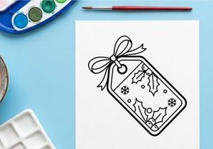 Weihnachts-Geschenkanhänger mit Stechpalmen- und Schneeflocken-Linienkunst-Illustration