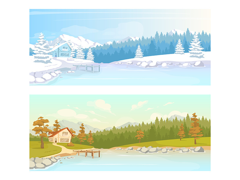 Seasonal countryside scenery flat color vector illustration set