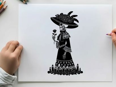 Elegant silhouette of a woman in a large hat and dress