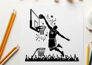 Silhouette of a basketball player dunking ball with crowd cheering