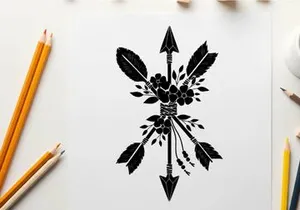 Silhouette of arrows and feathers with floral elements