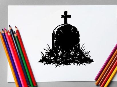 Silhoueta de una cruz sobre una lápida con hierba en blanco y negro