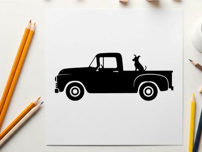Black silhouette of a pickup truck with dog in the back