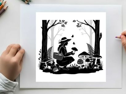 Silhouette of a person picking mushrooms in a forest