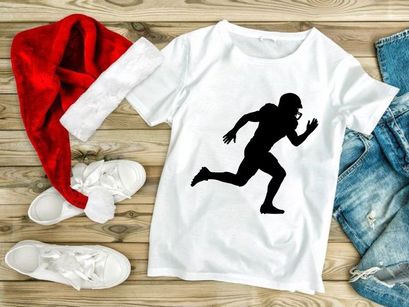 A black silhouette of a person running with a football helmet on their head