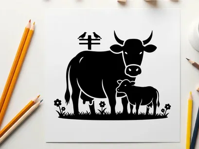 Cow and calf silhouette in a serene natural setting silhouette