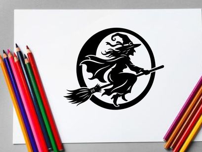 Stylized witch riding a broomstick in a circular emblem design
