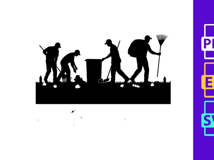 Silhouette of people cleaning up trash and debris in a park or public area