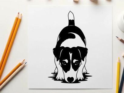 Silhouette of a sad black and white dog peeking forward