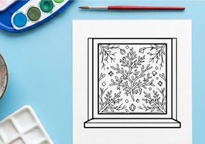 Christmas window drawing with festive pine tree pattern and winter snowflake decorations