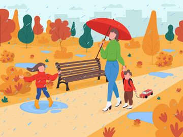 Family walk in fall park flat color vector illustration preview picture