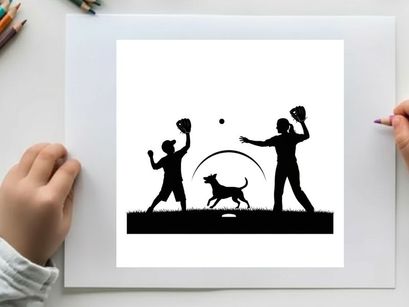 Silhouette of two people playing catch with dog