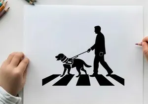 Man and guide dog crossing street in silhouette