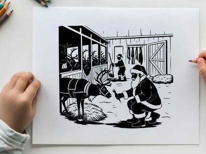 Santa claus checking reindeer silhouette at the north pole barn