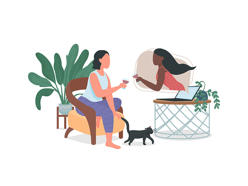 Online meeting with friends flat color vector faceless characters