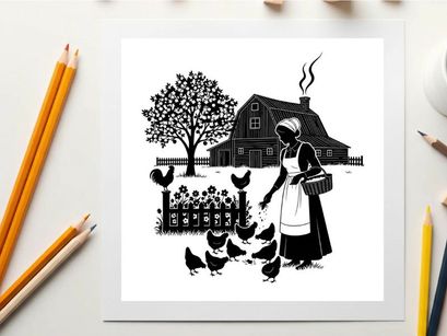 Silhouette of a woman feeding chickens in a rural setting