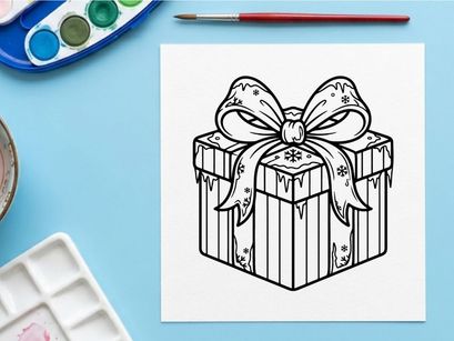 Diseño de caja de regalo navideña dibujada a mano con lazo de cinta plateada y papel de regalo festivo