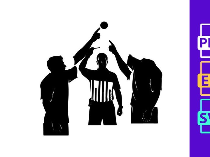 Silhouette of three men playing volleyball with referee