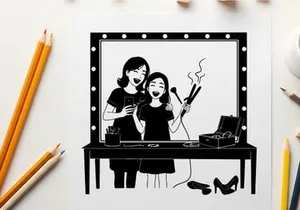 Silhouette of two girls singing with microphones in front mirror