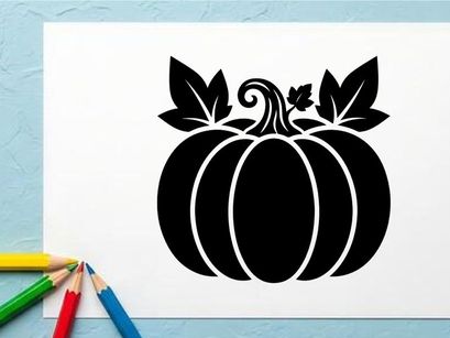 Silhouette of a pumpkin with leaves and a small flower for autumn or Halloween themes
