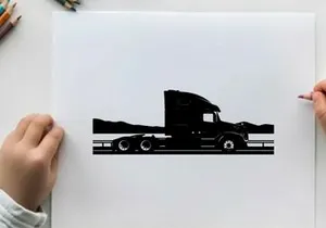 Silhouette of a semi truck driving on a highway with mountains
