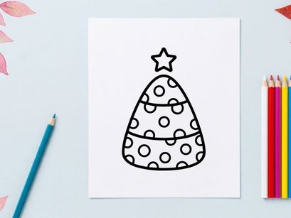 Ícone de árvore de Natal em linha. Símbolo minimalista de pinheiro festivo com estrela e enfeites.