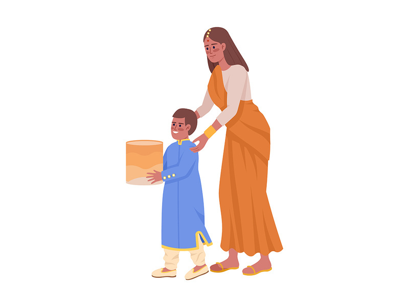 Mother with son launching sky lantern color vector characters