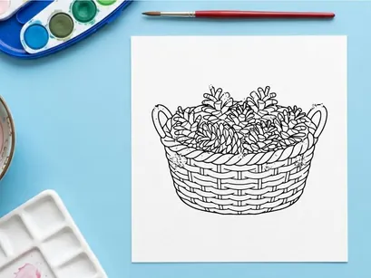 Line art illustration of a wicker basket filled with pine cones
