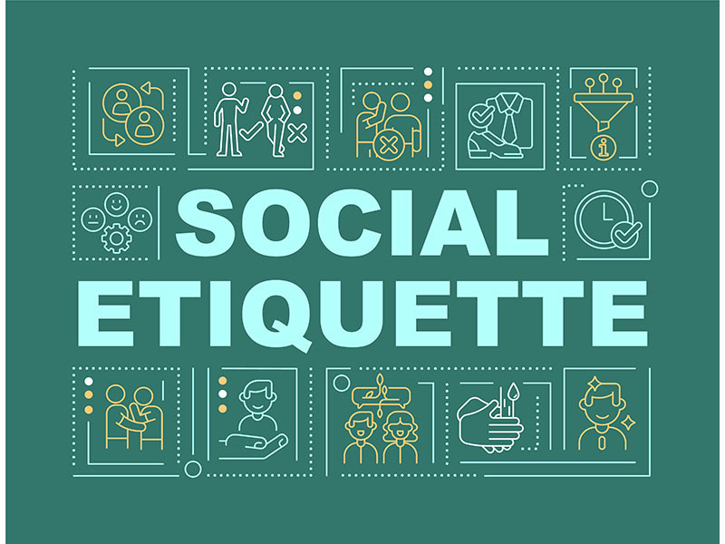 Social etiquette word concepts dark green banner