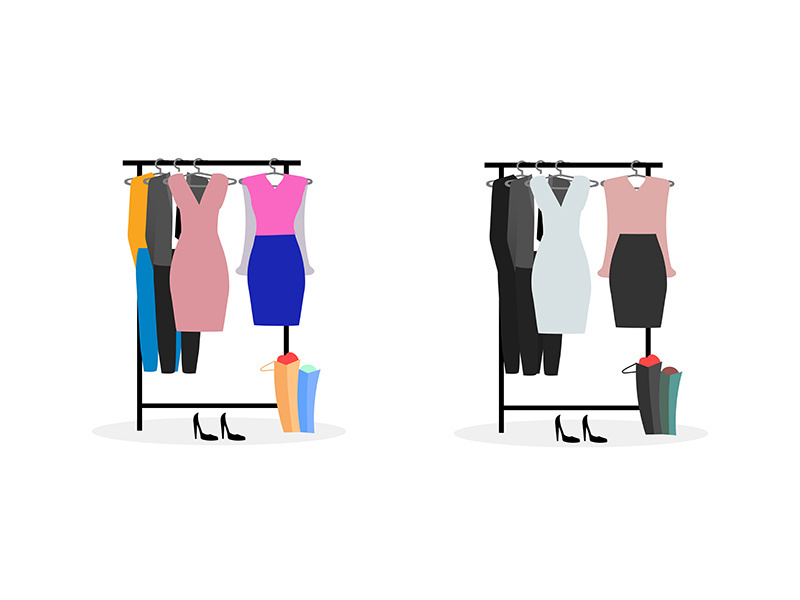 Clothes racks flat color vector objects set