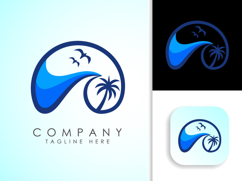 Beach logo design. Sun sunset sunrise with beach ocean sea water logo icon.